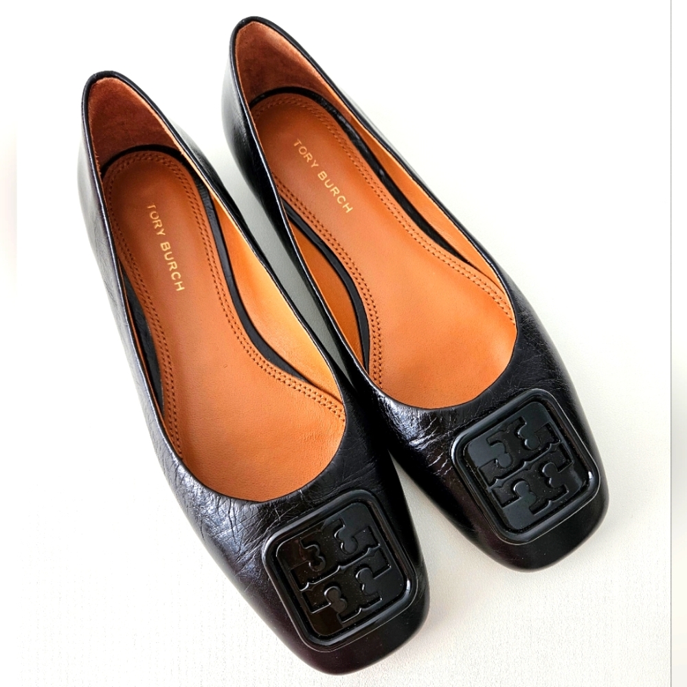 Tory Burch Black Leather Square-Toe Logo Flats